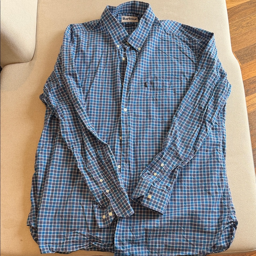 Barbour Men's Blue and White Plaid Shirt